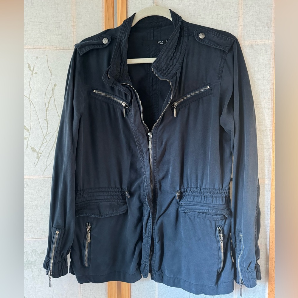 Max Jeans Navy Blue Women’s Cargo Jacket adjustable drawstring enclosed zipper